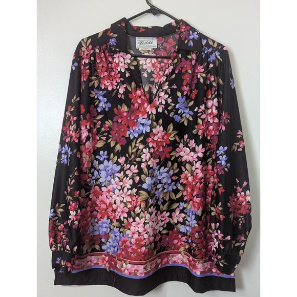 Teddi Of California Vintage Tunic Blouse Black Floral V-neck Size 38* Collared - Picture 1 of 11